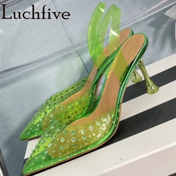 2023 Vasaros PVC Kristalų Sandalai Moterims Plonas Aukštakulniai Moteriški Bateliai Point Kojų Aišku, Basutės Plus Size Green Zapatos Mujer