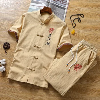 Iki 2023 m. Rudenį marškiniai ir kelnės medvilnės, Lino Kostiumas vyriški trumpomis rankovėmis vyriški Laisvalaikio Vasaros Medvilnės Skalbiniai Dviejų dalių Kostiumas dydis M-5XL