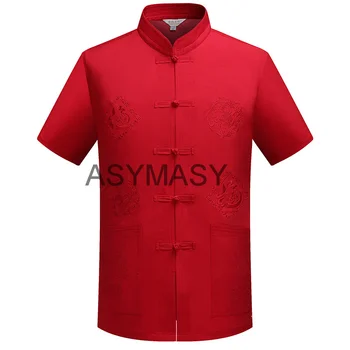 Kinijos Vyrų Medvilnės Kung Fu marškinėliai, Siuvinėjimas Wu Shu Vienodas Chi Drabužių trumpomis Rankovėmis Marškiniai raudona mėlyna