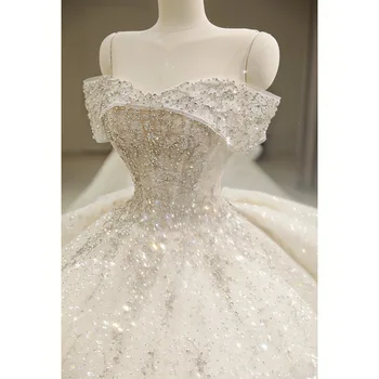 Puikūs Balto Vestuvių Suknelės Valtis Kaklo, Rankovių Shinny Nėrinių Duobute Appliques Plius Dydis Princesė Naujos Nuotakos Suknelė