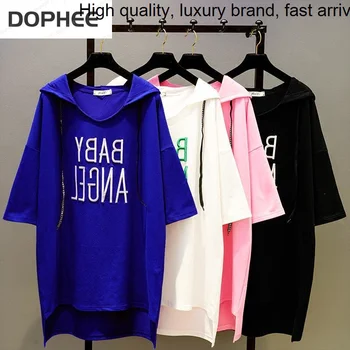 Sumemr Trumpas Naujas Rankovėmis su Gobtuvu marškinėliai Korėja Negabaritinių Laisvas Megztinis Viršuje Batwing Siuvinėjimo Raštą, Vidutinio ilgio Moterų Tees Suknelė