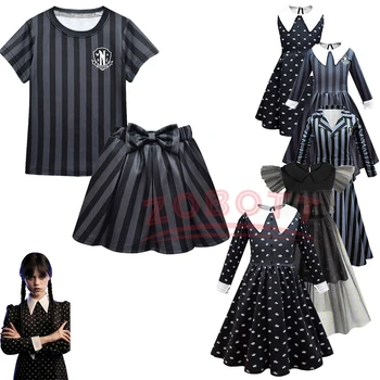 Trečiadienis Addams Kostiumu Mergina Cosplay Suknelė Trumpomis Rankovėmis Sijonas Mokyklos Vienodos Modelio Suknelė Gotikos Komplektai