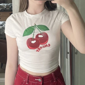 kawaii Vyšnių spausdinimo t-shirt Slim pasėlių viršuje moterų drabužių mados Y2K Marškinėlius derliaus streetwear dydžio marškinėliai, harajuku Grafinis