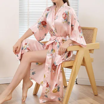 Nuotaka Vestuvių Suknelė Kimono Moterų Bridesmaid Rytą Skraiste Loungewear V-Kaklo Spausdinti Chalatas Vasaros Viskozė Sleepwear Homewear